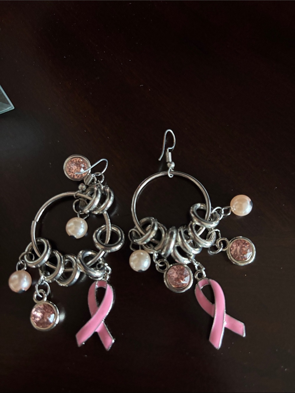 Pink Ribbon Charm Hoop Earrings with Pearls and Crystals